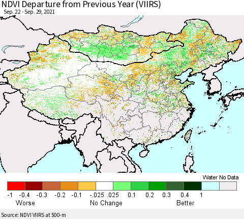 China, Mongolia and Taiwan NDVI Departure from Previous Year (VIIRS) Thematic Map For 9/22/2021 - 9/29/2021