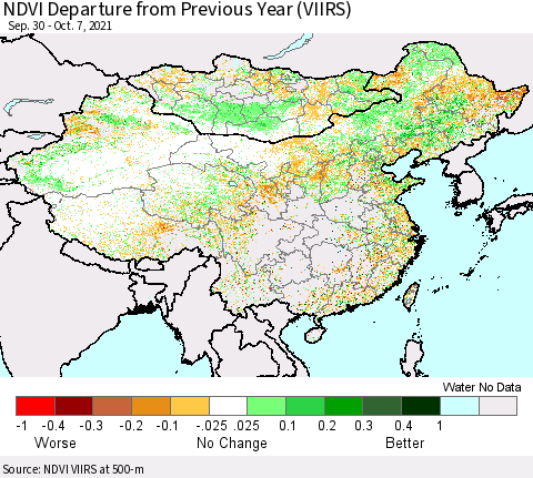 China, Mongolia and Taiwan NDVI Departure from Previous Year (VIIRS) Thematic Map For 9/30/2021 - 10/7/2021