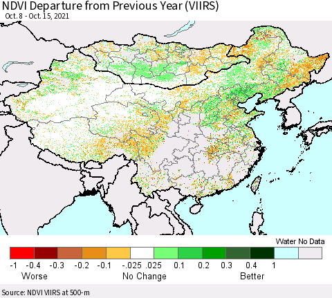 China, Mongolia and Taiwan NDVI Departure from Previous Year (VIIRS) Thematic Map For 10/8/2021 - 10/15/2021