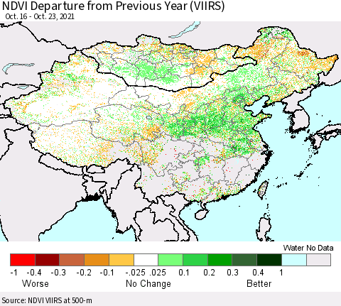 China, Mongolia and Taiwan NDVI Departure from Previous Year (VIIRS) Thematic Map For 10/16/2021 - 10/23/2021