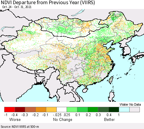 China and Taiwan NDVI Departure from Previous Year (VIIRS) Thematic Map For 10/21/2021 - 10/31/2021