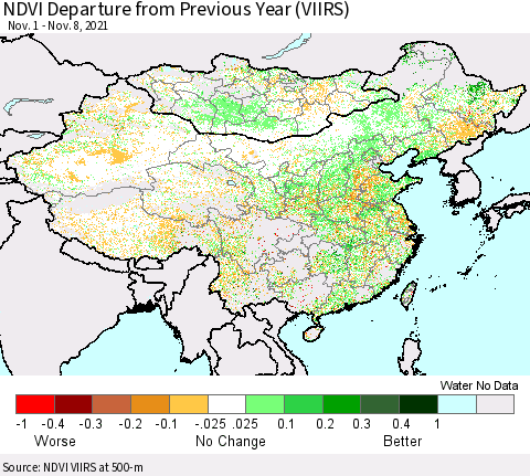 China, Mongolia and Taiwan NDVI Departure from Previous Year (VIIRS) Thematic Map For 11/1/2021 - 11/8/2021