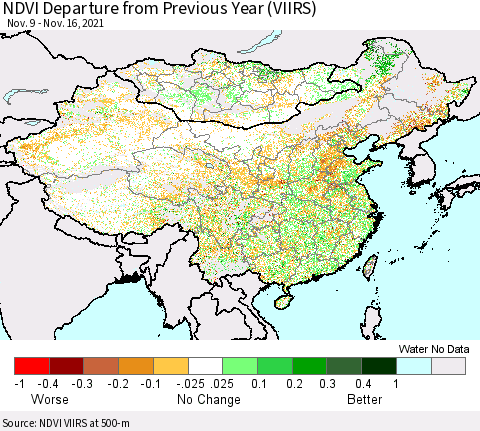 China, Mongolia and Taiwan NDVI Departure from Previous Year (VIIRS) Thematic Map For 11/9/2021 - 11/16/2021