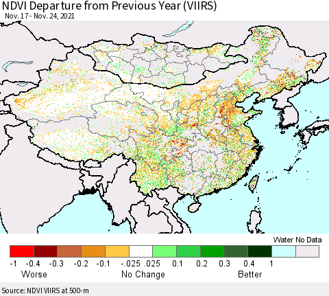 China, Mongolia and Taiwan NDVI Departure from Previous Year (VIIRS) Thematic Map For 11/17/2021 - 11/24/2021