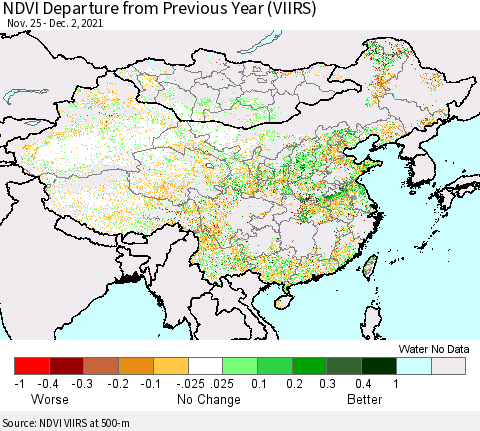 China, Mongolia and Taiwan NDVI Departure from Previous Year (VIIRS) Thematic Map For 11/25/2021 - 12/2/2021