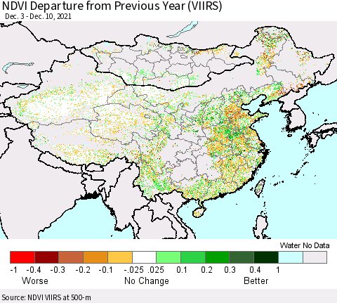 China, Mongolia and Taiwan NDVI Departure from Previous Year (VIIRS) Thematic Map For 12/3/2021 - 12/10/2021