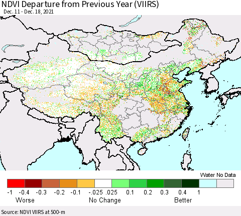 China, Mongolia and Taiwan NDVI Departure from Previous Year (VIIRS) Thematic Map For 12/11/2021 - 12/18/2021