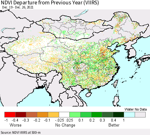 China, Mongolia and Taiwan NDVI Departure from Previous Year (VIIRS) Thematic Map For 12/19/2021 - 12/26/2021