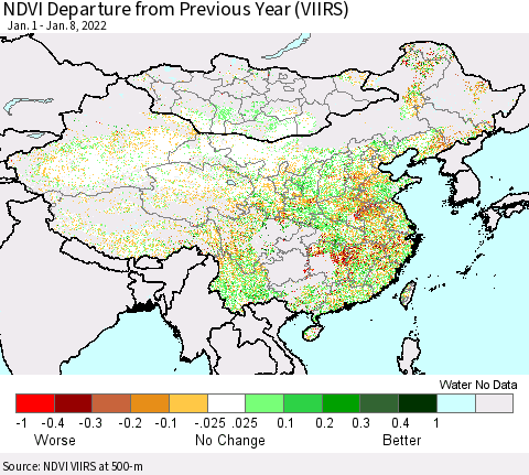 China, Mongolia and Taiwan NDVI Departure from Previous Year (VIIRS) Thematic Map For 1/1/2022 - 1/8/2022
