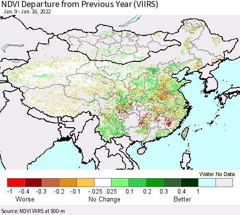 China, Mongolia and Taiwan NDVI Departure from Previous Year (VIIRS) Thematic Map For 1/9/2022 - 1/16/2022