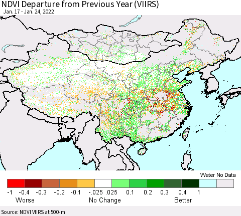 China, Mongolia and Taiwan NDVI Departure from Previous Year (VIIRS) Thematic Map For 1/17/2022 - 1/24/2022