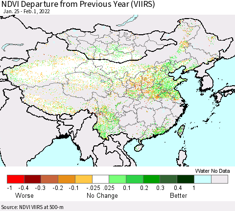 China, Mongolia and Taiwan NDVI Departure from Previous Year (VIIRS) Thematic Map For 1/25/2022 - 2/1/2022