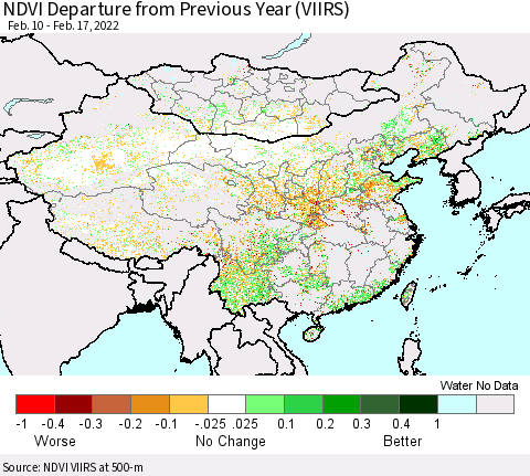 China, Mongolia and Taiwan NDVI Departure from Previous Year (VIIRS) Thematic Map For 2/10/2022 - 2/17/2022
