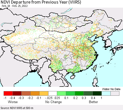 China, Mongolia and Taiwan NDVI Departure from Previous Year (VIIRS) Thematic Map For 2/18/2022 - 2/25/2022
