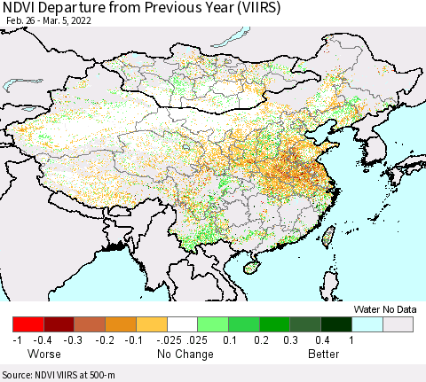 China, Mongolia and Taiwan NDVI Departure from Previous Year (VIIRS) Thematic Map For 2/26/2022 - 3/5/2022