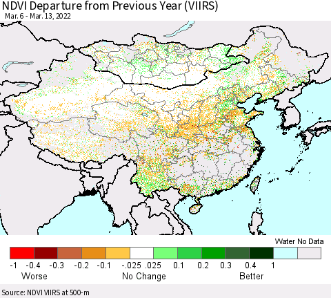 China, Mongolia and Taiwan NDVI Departure from Previous Year (VIIRS) Thematic Map For 3/6/2022 - 3/13/2022