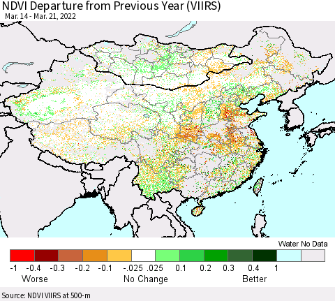 China, Mongolia and Taiwan NDVI Departure from Previous Year (VIIRS) Thematic Map For 3/14/2022 - 3/21/2022