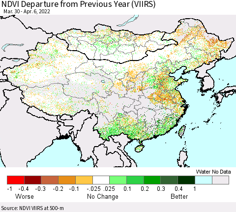 China, Mongolia and Taiwan NDVI Departure from Previous Year (VIIRS) Thematic Map For 3/30/2022 - 4/6/2022