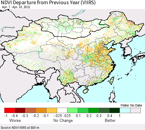 China, Mongolia and Taiwan NDVI Departure from Previous Year (VIIRS) Thematic Map For 4/7/2022 - 4/14/2022