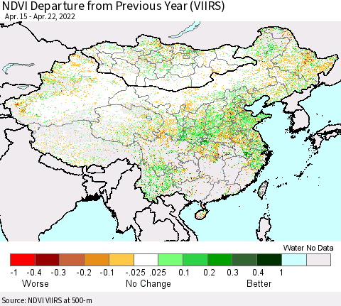 China, Mongolia and Taiwan NDVI Departure from Previous Year (VIIRS) Thematic Map For 4/15/2022 - 4/22/2022