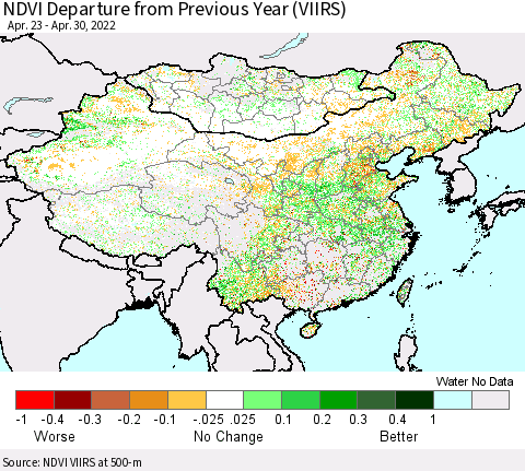 China, Mongolia and Taiwan NDVI Departure from Previous Year (VIIRS) Thematic Map For 4/23/2022 - 4/30/2022