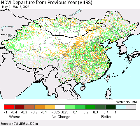 China, Mongolia and Taiwan NDVI Departure from Previous Year (VIIRS) Thematic Map For 5/1/2022 - 5/8/2022