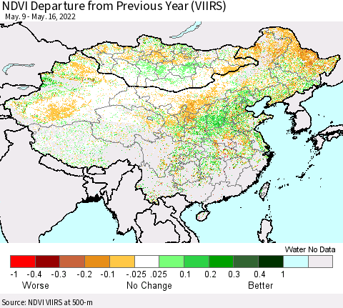 China, Mongolia and Taiwan NDVI Departure from Previous Year (VIIRS) Thematic Map For 5/9/2022 - 5/16/2022