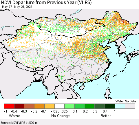 China, Mongolia and Taiwan NDVI Departure from Previous Year (VIIRS) Thematic Map For 5/17/2022 - 5/24/2022