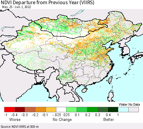 China, Mongolia and Taiwan NDVI Departure from Previous Year (VIIRS) Thematic Map For 5/25/2022 - 6/1/2022