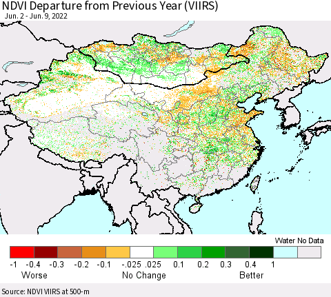 China, Mongolia and Taiwan NDVI Departure from Previous Year (VIIRS) Thematic Map For 6/2/2022 - 6/9/2022