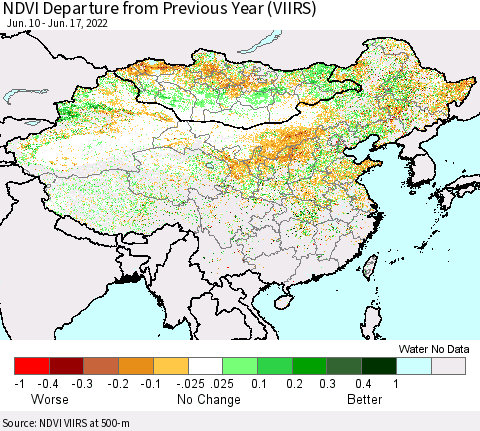 China, Mongolia and Taiwan NDVI Departure from Previous Year (VIIRS) Thematic Map For 6/10/2022 - 6/17/2022