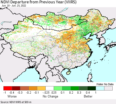 China, Mongolia and Taiwan NDVI Departure from Previous Year (VIIRS) Thematic Map For 6/18/2022 - 6/25/2022