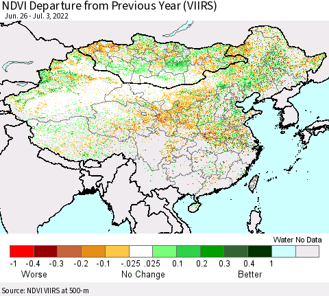 China, Mongolia and Taiwan NDVI Departure from Previous Year (VIIRS) Thematic Map For 6/26/2022 - 7/3/2022