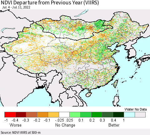 China, Mongolia and Taiwan NDVI Departure from Previous Year (VIIRS) Thematic Map For 7/4/2022 - 7/11/2022