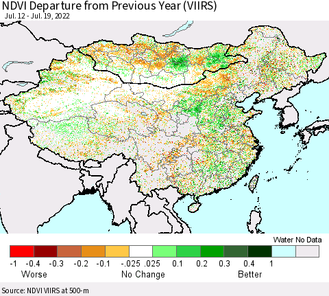 China, Mongolia and Taiwan NDVI Departure from Previous Year (VIIRS) Thematic Map For 7/12/2022 - 7/19/2022