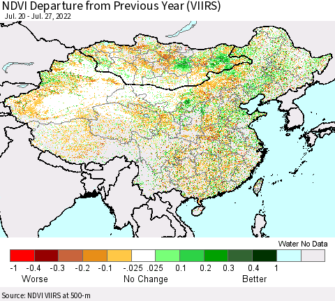 China, Mongolia and Taiwan NDVI Departure from Previous Year (VIIRS) Thematic Map For 7/20/2022 - 7/27/2022