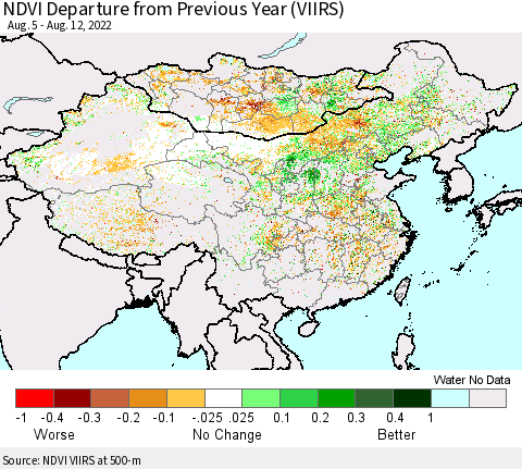 China, Mongolia and Taiwan NDVI Departure from Previous Year (VIIRS) Thematic Map For 8/5/2022 - 8/12/2022