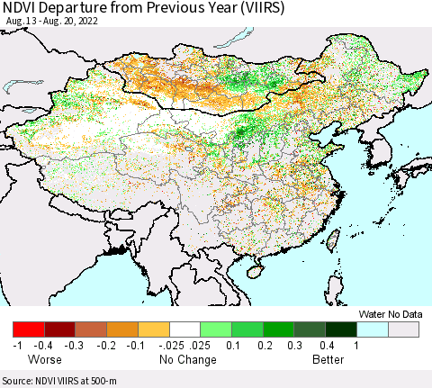 China, Mongolia and Taiwan NDVI Departure from Previous Year (VIIRS) Thematic Map For 8/13/2022 - 8/20/2022