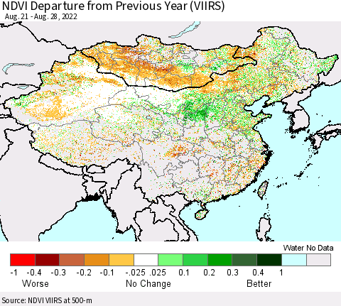 China, Mongolia and Taiwan NDVI Departure from Previous Year (VIIRS) Thematic Map For 8/21/2022 - 8/28/2022