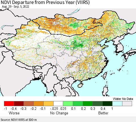 China, Mongolia and Taiwan NDVI Departure from Previous Year (VIIRS) Thematic Map For 8/29/2022 - 9/5/2022