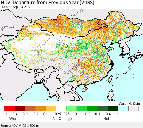 China, Mongolia and Taiwan NDVI Departure from Previous Year (VIIRS) Thematic Map For 9/6/2022 - 9/13/2022