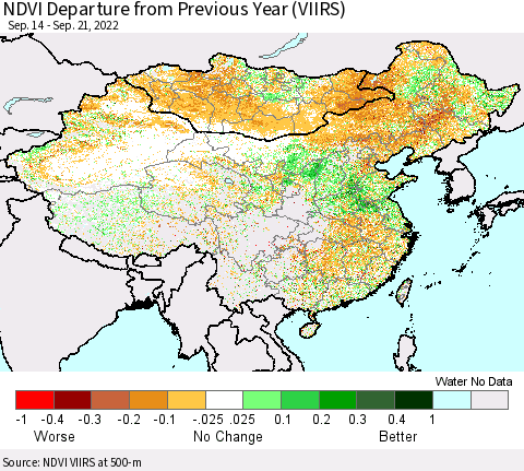 China, Mongolia and Taiwan NDVI Departure from Previous Year (VIIRS) Thematic Map For 9/14/2022 - 9/21/2022