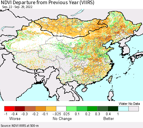 China, Mongolia and Taiwan NDVI Departure from Previous Year (VIIRS) Thematic Map For 9/22/2022 - 9/29/2022