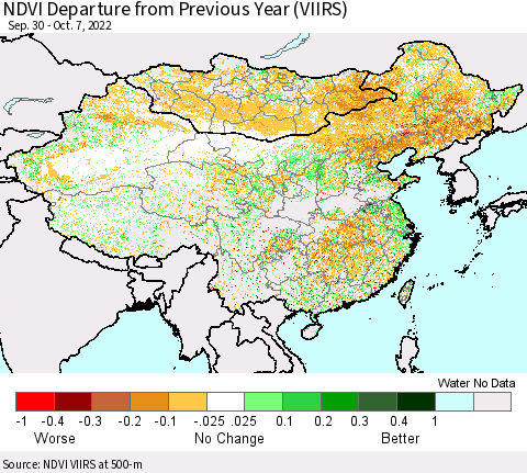 China, Mongolia and Taiwan NDVI Departure from Previous Year (VIIRS) Thematic Map For 9/30/2022 - 10/7/2022