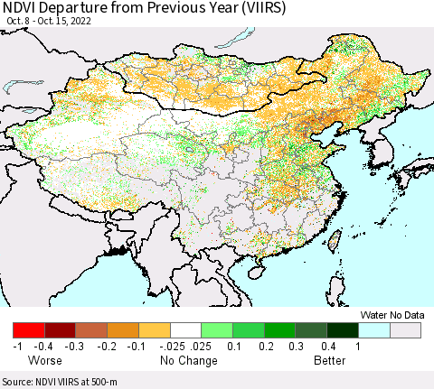 China, Mongolia and Taiwan NDVI Departure from Previous Year (VIIRS) Thematic Map For 10/8/2022 - 10/15/2022