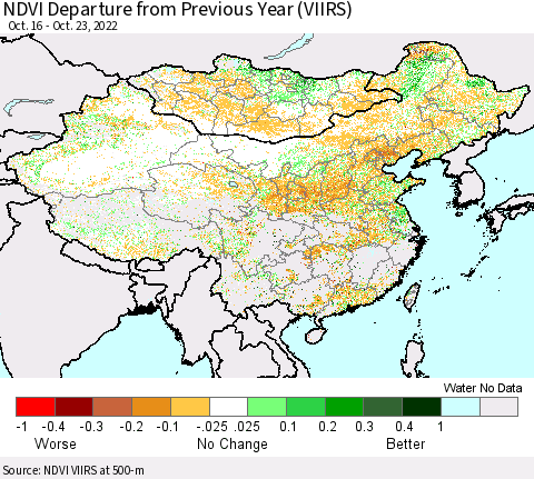 China, Mongolia and Taiwan NDVI Departure from Previous Year (VIIRS) Thematic Map For 10/16/2022 - 10/23/2022