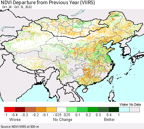 China, Mongolia and Taiwan NDVI Departure from Previous Year (VIIRS) Thematic Map For 10/24/2022 - 10/31/2022