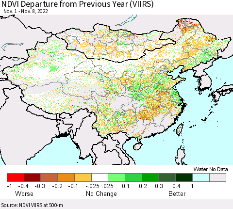 China, Mongolia and Taiwan NDVI Departure from Previous Year (VIIRS) Thematic Map For 11/1/2022 - 11/8/2022