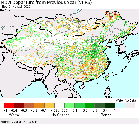 China, Mongolia and Taiwan NDVI Departure from Previous Year (VIIRS) Thematic Map For 11/9/2022 - 11/16/2022