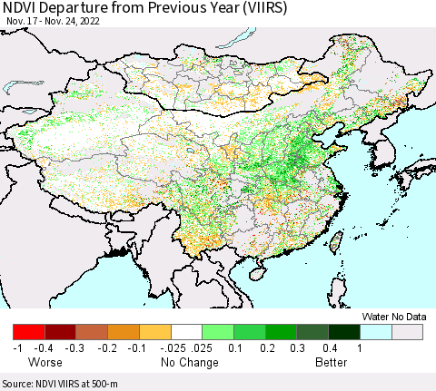 China, Mongolia and Taiwan NDVI Departure from Previous Year (VIIRS) Thematic Map For 11/17/2022 - 11/24/2022